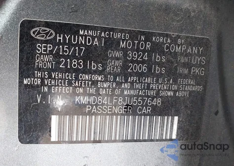 2018 Hyundai Elantra Sel z USA, uszkodzony, nr VIN KMHD84LF8JU557648